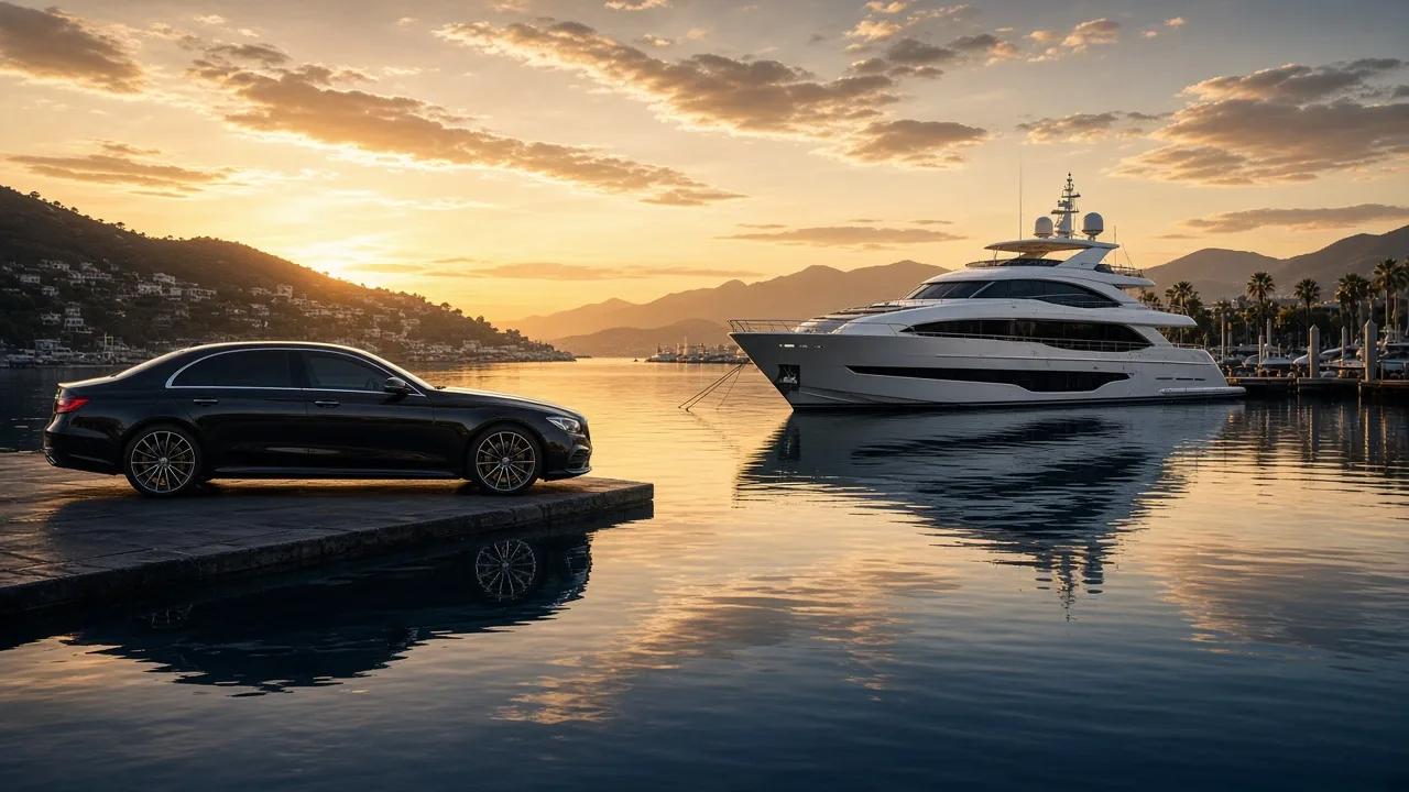 Luxury sedan and yacht at a calm marina