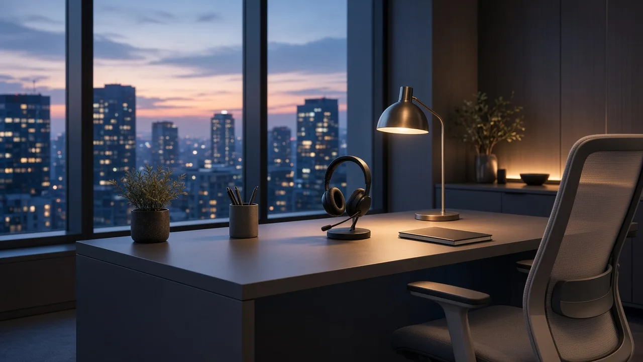 Calm modern support workspace overlooking the city