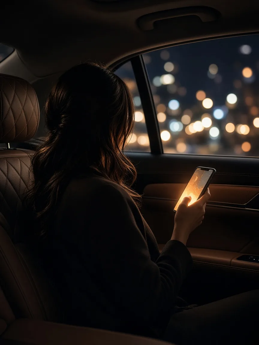 Passenger using a branded booking app in a luxury vehicle